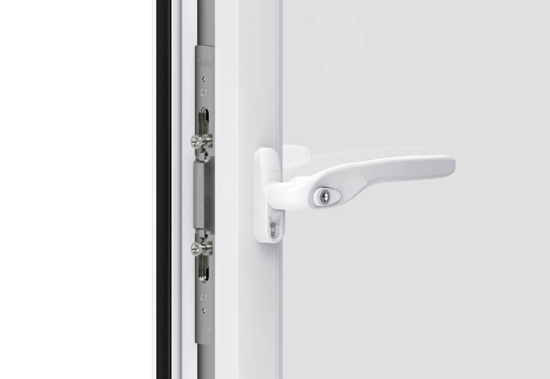 A white door handle featuring a matching white grip, elegantly designed for a seamless appearance.