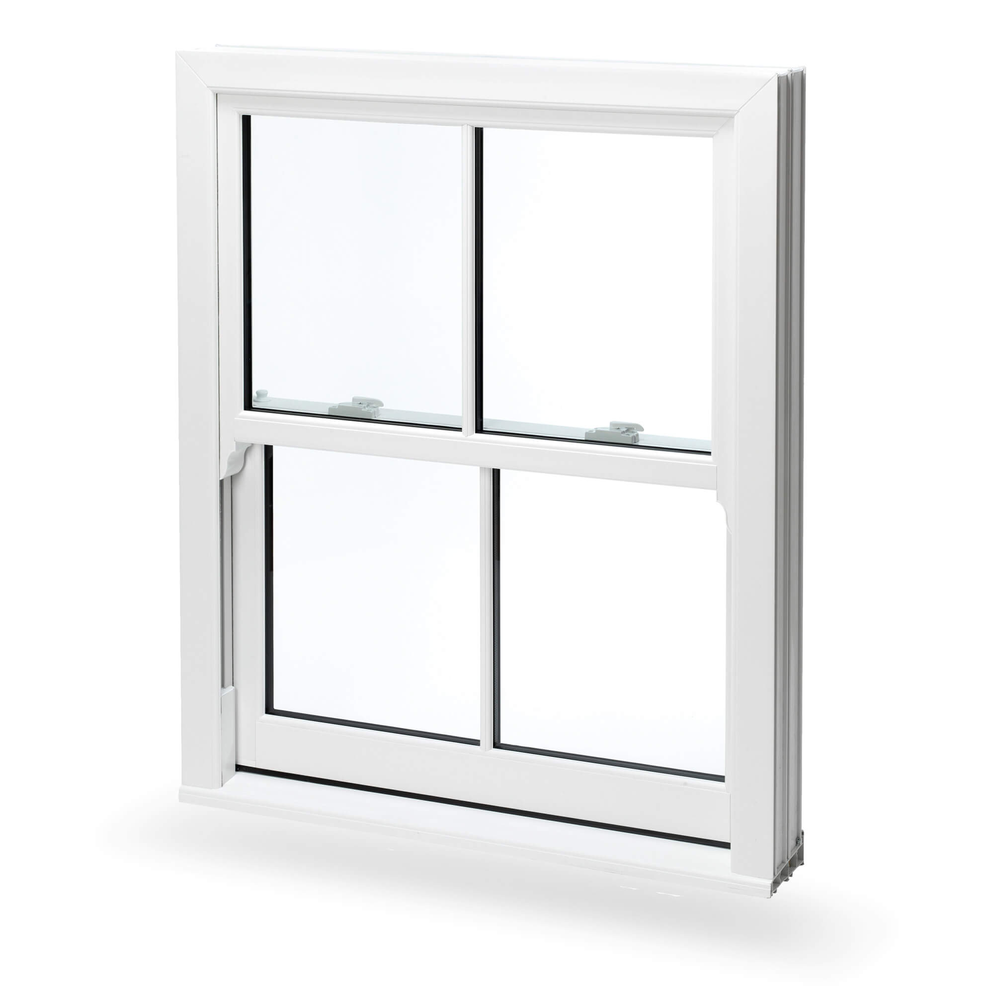 A white window featuring a glass pane and a sliding panel, allowing for natural light and ventilation.